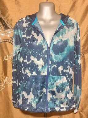 Addida’s Blue Teal White Printed Zip-Up Hoodie Jacket with tie in the Back